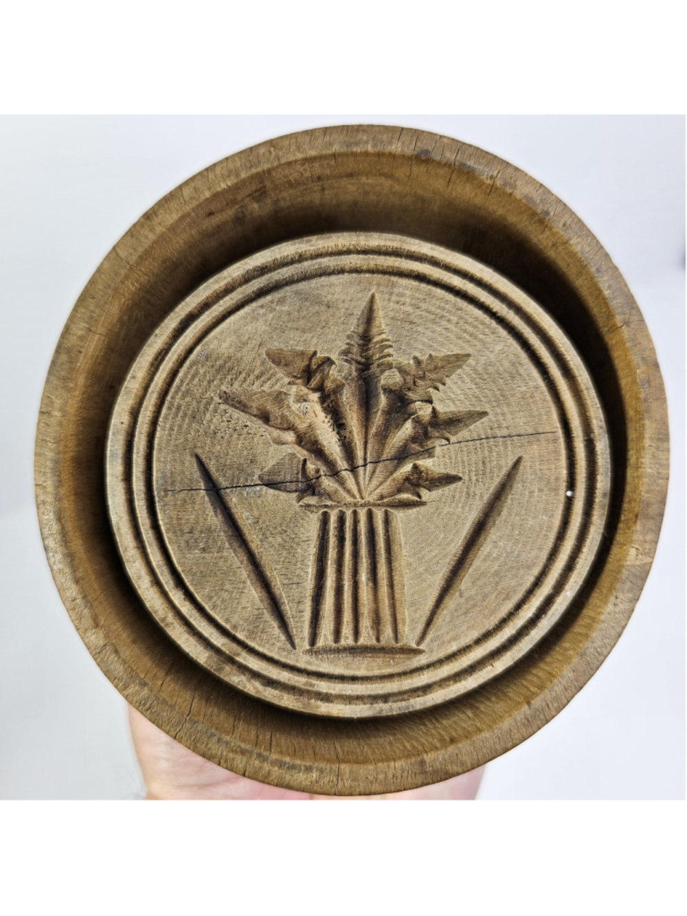 Vintage Wooden Butter Mold Press Floral Folk Art Carved Round Primitive Kitchen